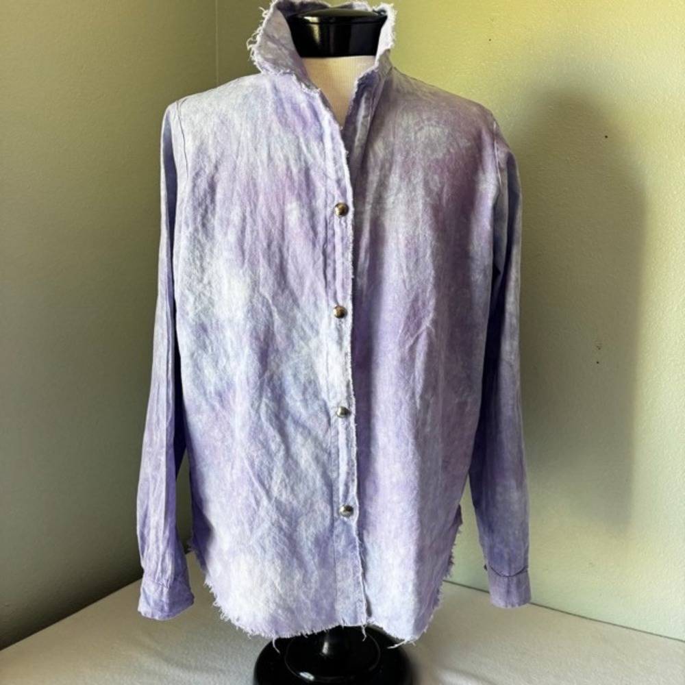 Jes MaHarry Women Purple Tie Dye Raw Edge Button Down Shirt Bohemian Art Top L